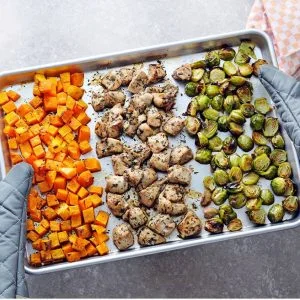 Sheet Pan Chicken with Squash and Brussels Sprouts