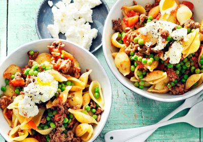 Pasta Bolognese with Peas and Ricotta
