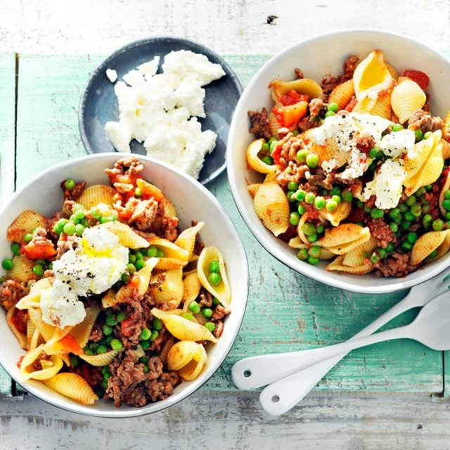 Pasta Bolognese with Peas and Ricotta