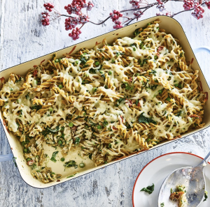 Fusilli Bake with Spinach, Pesto, and Peas  