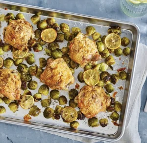 Sheet Pan Chicken Thighs over Caramelized Brussels Sprouts