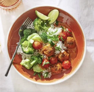Thai Red Curry Turkey Meatballs with Rice, Tomatoes, and Broccoli