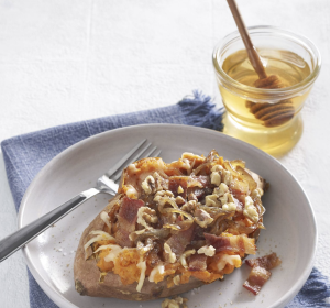 Sweet Potato Smash with Honey Caramelized Onions, Bacon, Walnuts & Gruyere