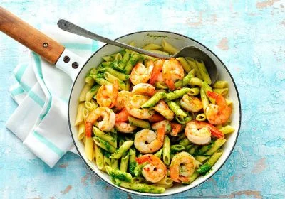 Shrimp and Penne Pasta with Spinach and Pesto