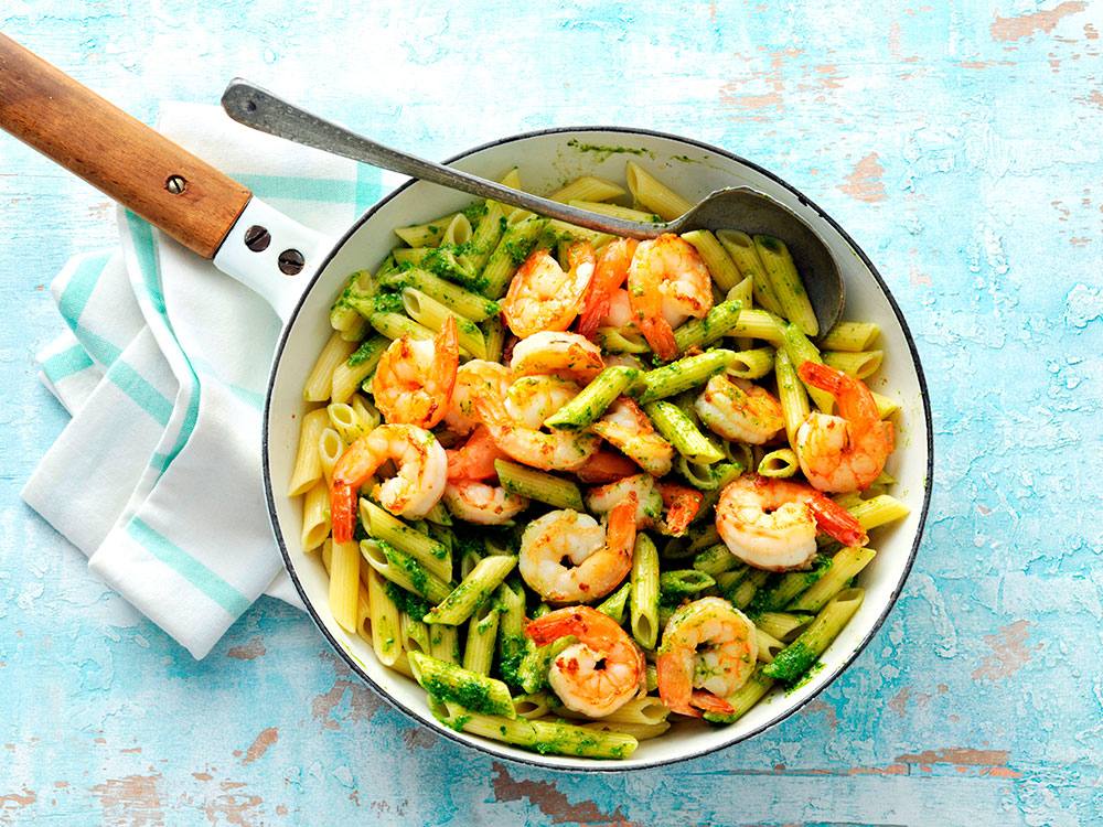 Shrimp and Penne Pasta with Spinach and Pesto | Savory