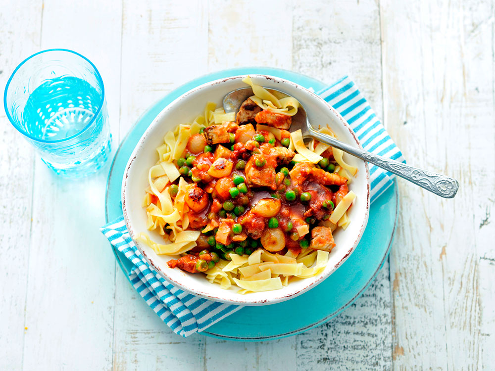 Tomato, Pork, and Onions Over Egg Noodles | Savory