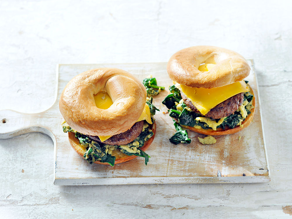 Bagel with Green Eggs, Sausage, and Cheese Savory
