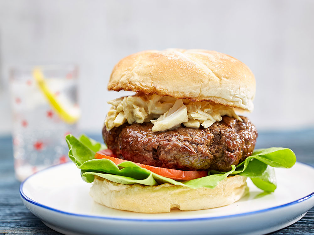 Crab-Topped Beef Burger | Savory