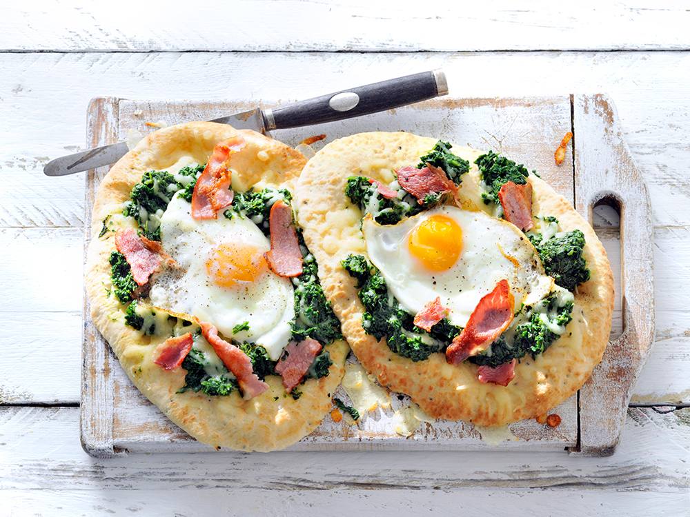 Bacon and Egg Naan Pizzas Savory