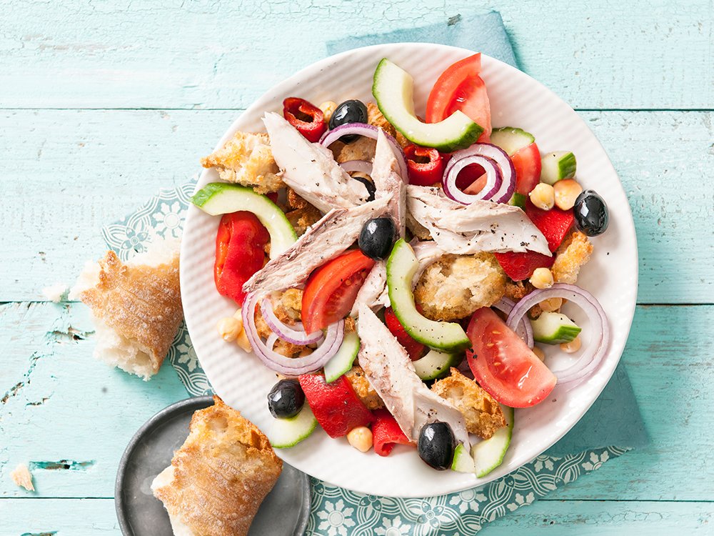 Panzanella with Tomatoes, Cucumber, and Smoked Trout | Savory