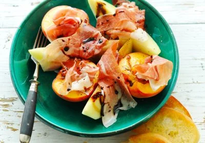 Peaches and Melon with Prosciutto and Balsamic Glaze