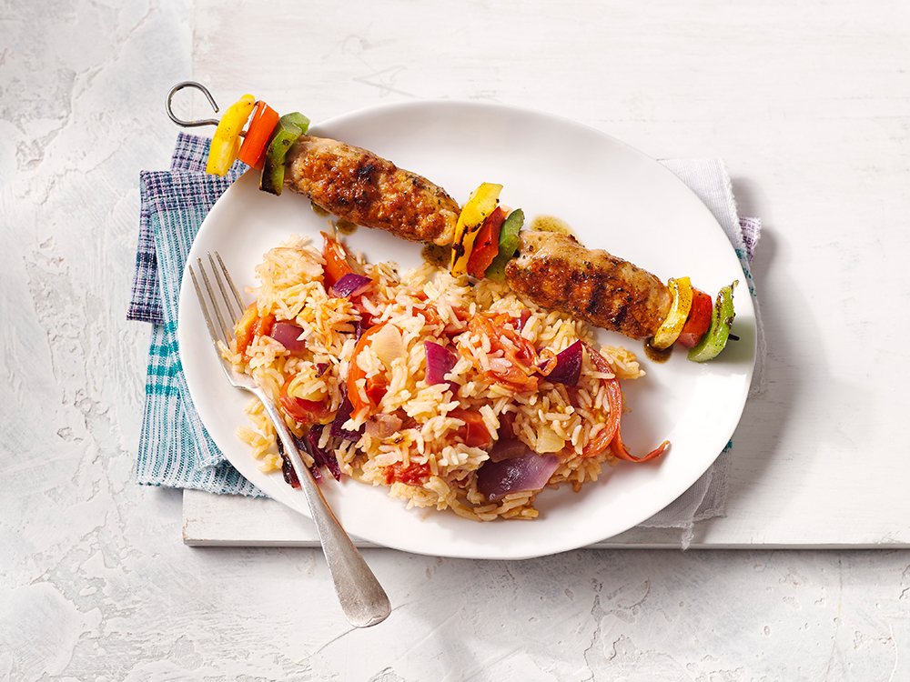 Chicken and Vegetable Skewers with Tomato Rice | Savory