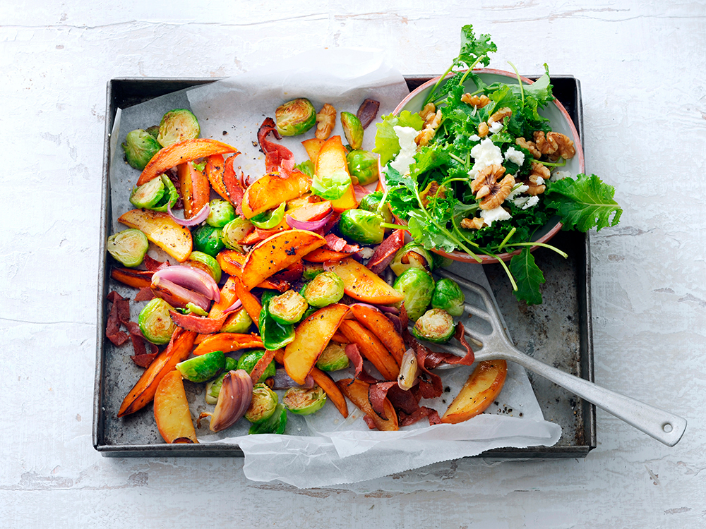Apple, Brussels Sprouts, and Salami Sheet Pan Dinner | Savory
