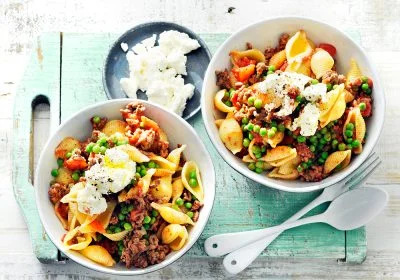 Pasta Bolognese with Peas and Ricotta