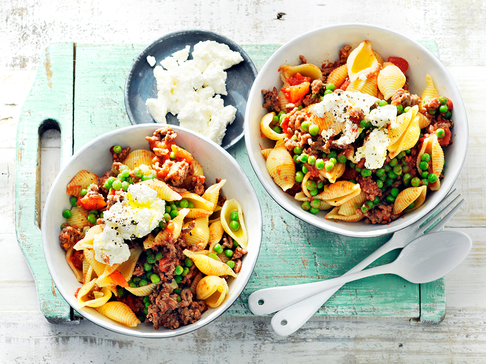 Pasta Bolognese with Peas and Ricotta Savory