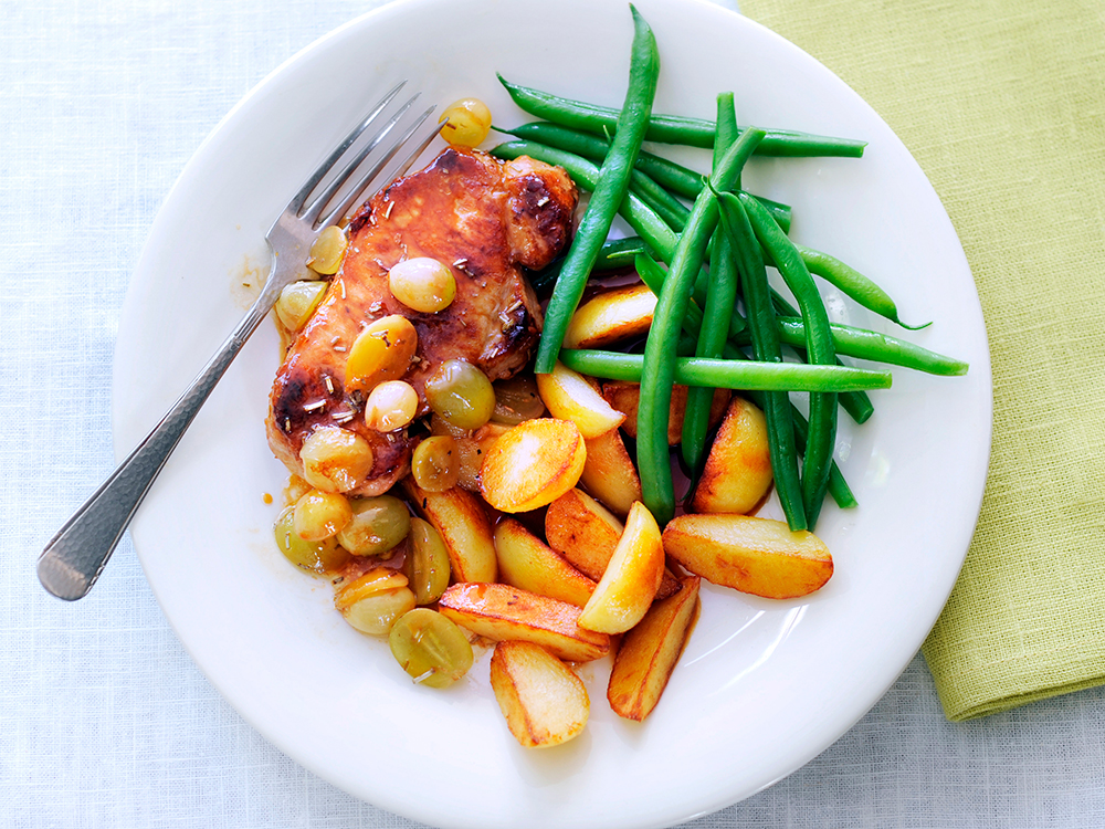 Pork with Roasted Grapes, Beans, and Potatoes | Savory
