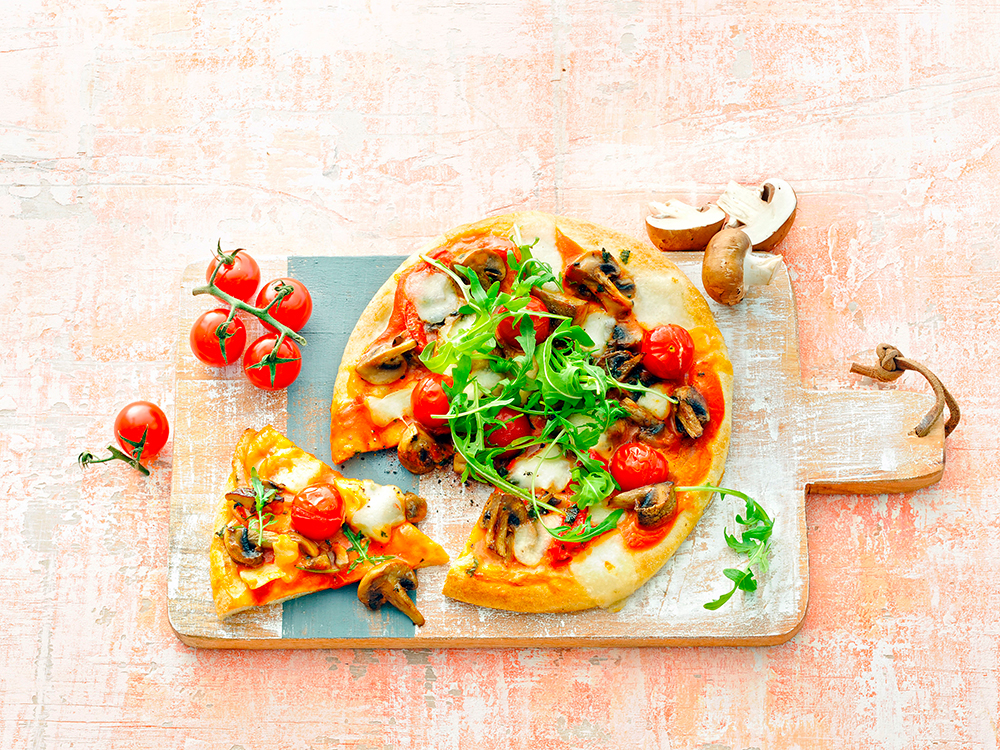 Cherry Tomato, Mushroom, and Arugula Pizzas | Savory
