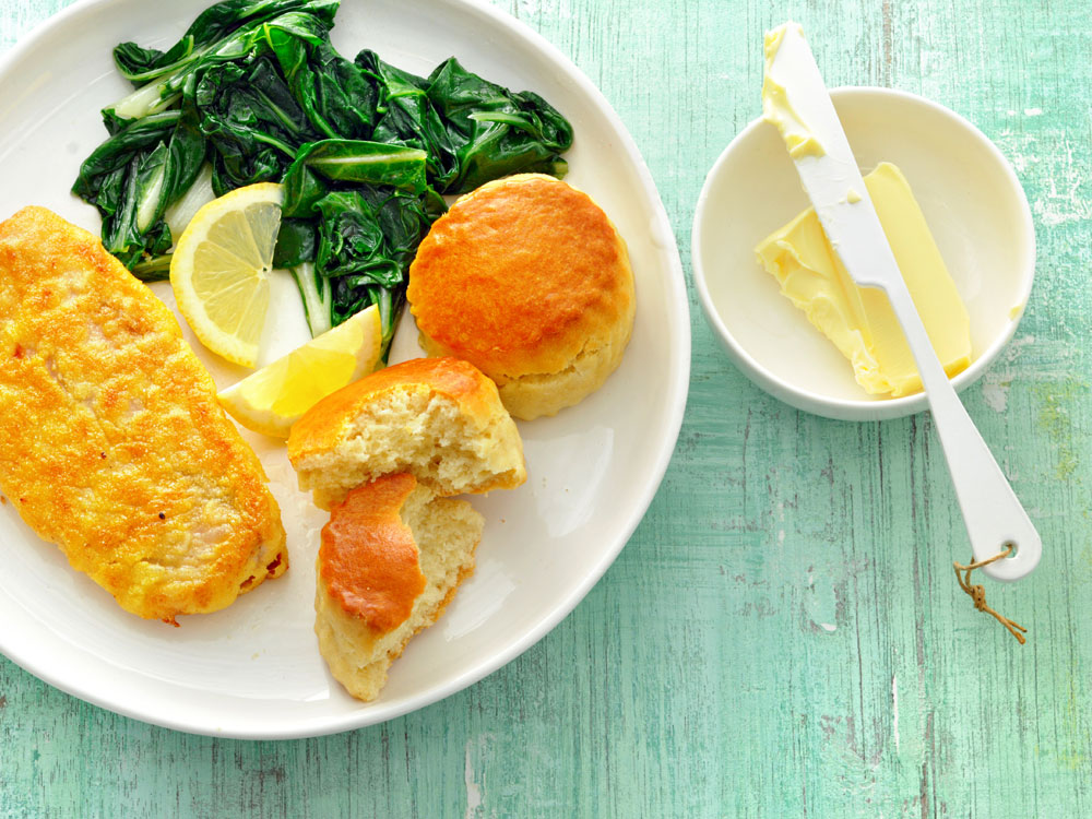 Cornmeal-Crusted Catfish with Greens and Biscuits | Savory