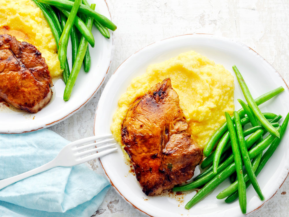 MisoMaple Pork Chops with Green Beans and Polenta Savory