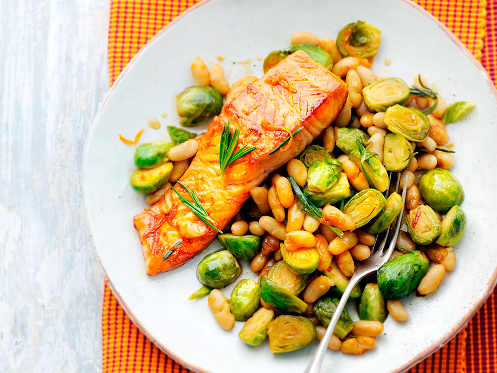 Orange-Glazed Salmon with Brussels Sprouts and White Beans | Savory