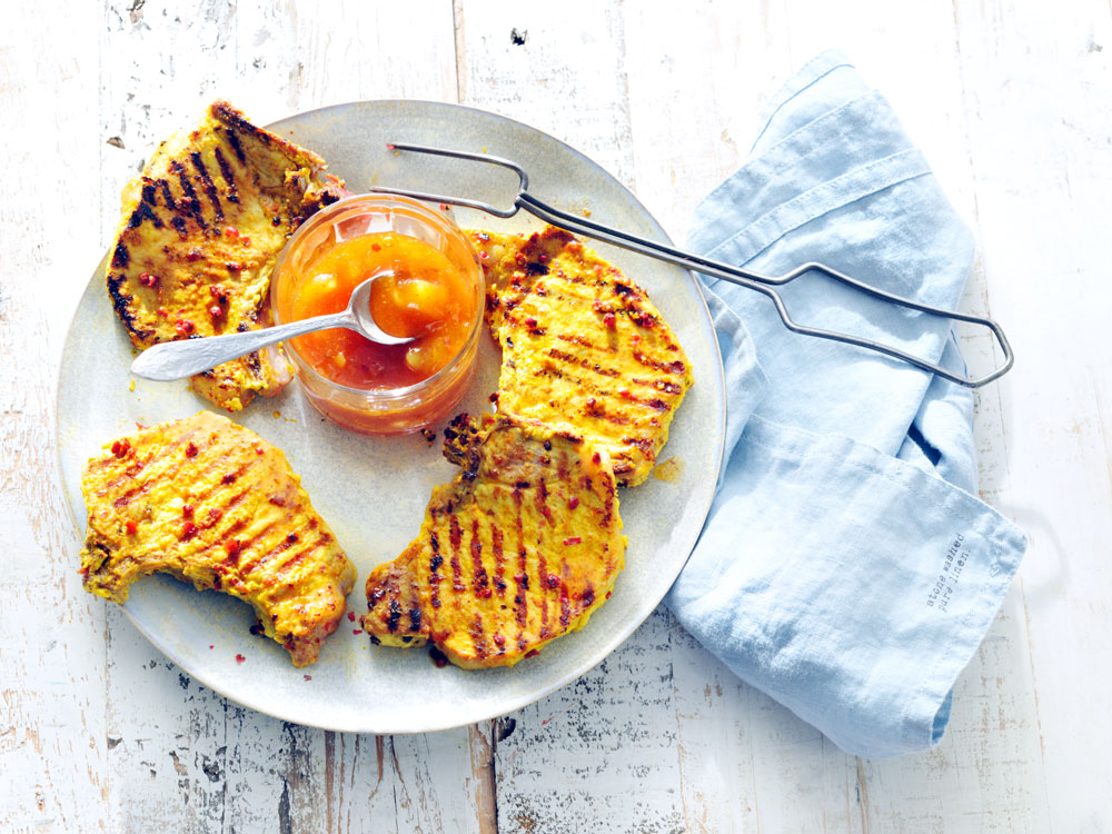 Grilled Curried Pork Chops with Mango Chutney Savory