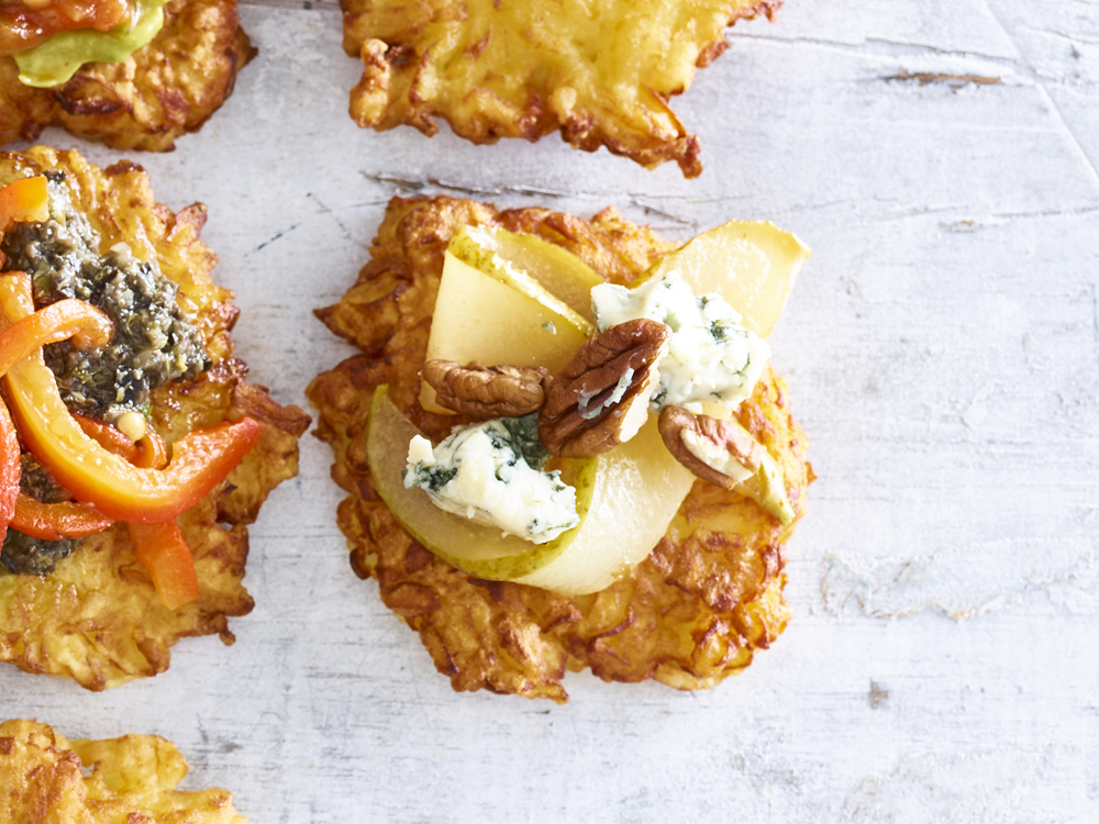 Balsamic Roast Pears, Pecans, and Blue Cheese Latke Topping | Savory