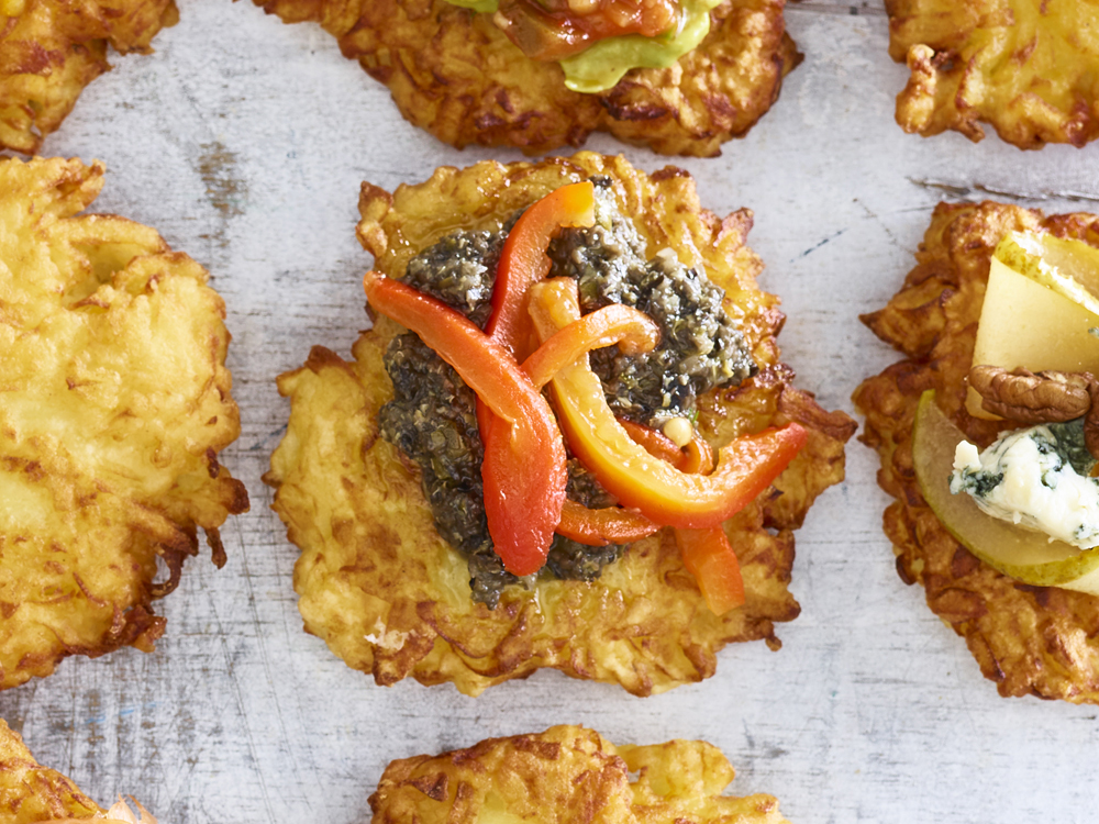 Olive Tapenade with Chopped Roasted Red Peppers Latke Topping | Savory