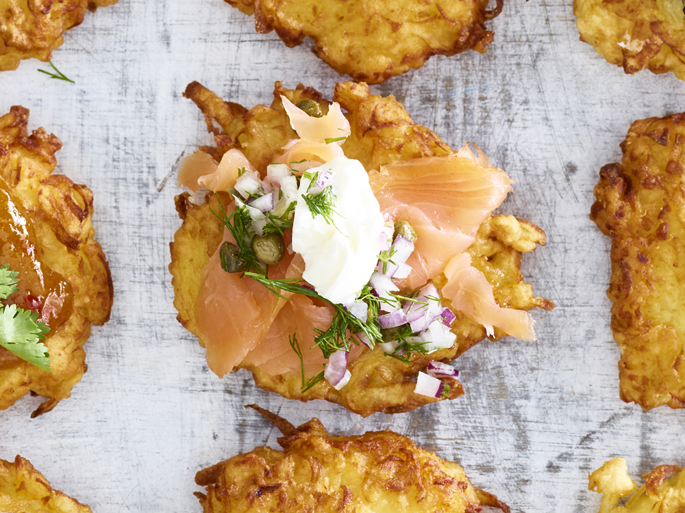 Smoked Salmon, Onion Caper Relish, and a Dab of Sour Cream Latke Topping | Savory