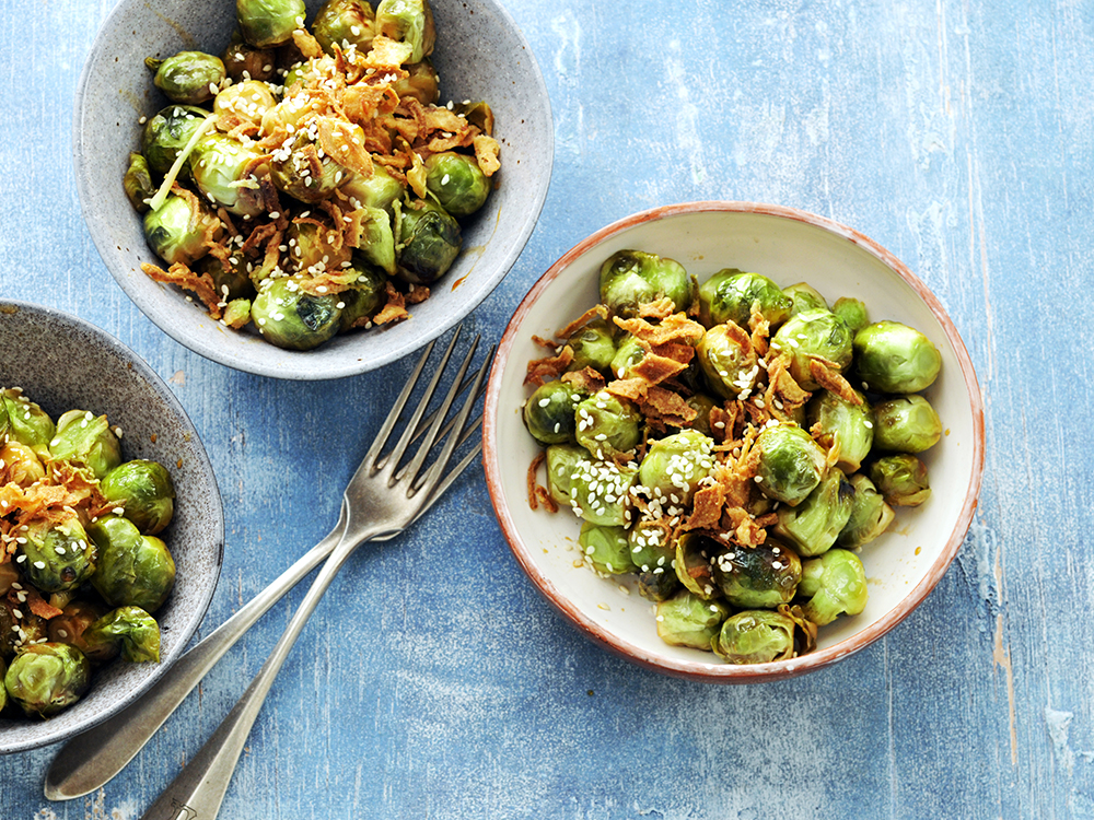 Glazed Brussels Sprouts with Crispy Onions | Savory