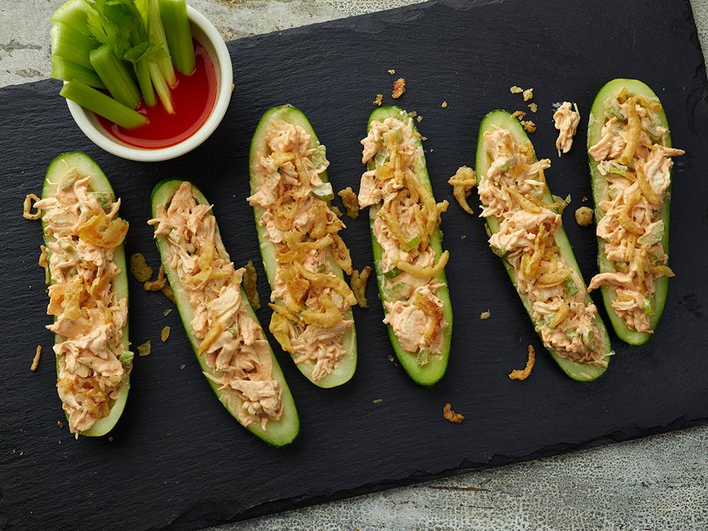 Buffalo Ranch Chicken Salad Stuffed Cucumber Boats | Savory