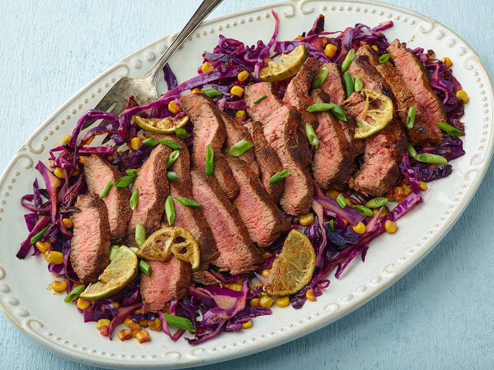 Chili Rubbed Flat Iron Steam with Chipotle Cabbage and Corn Slaw | Savory