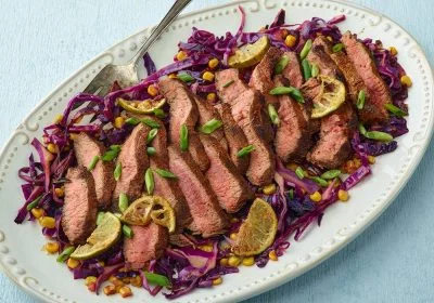 Chili Rubbed Flat Iron Steam with Chipotle Cabbage and Corn Slaw