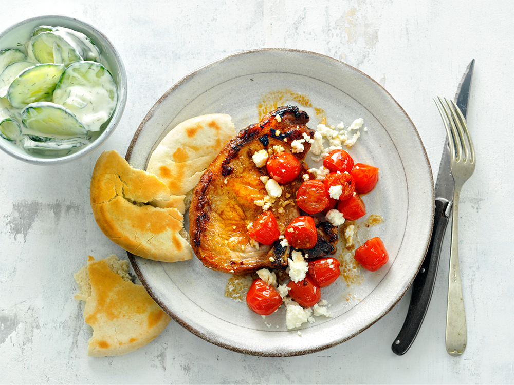 Mediterranean Pork Chops with Cucumber Salad | Savory