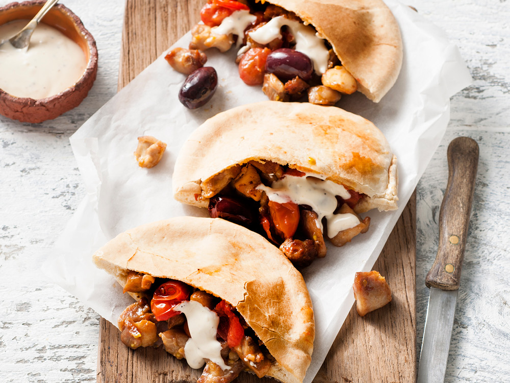 Chicken Pitas with Olives and Tomatoes | Savory