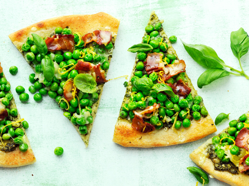 Walnut Pesto Pizza with Peas and Bacon Savory