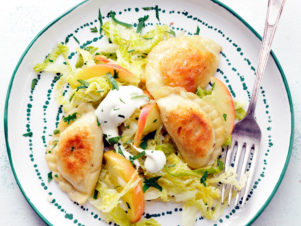 Pierogies with Brown-Butter Cabbage and Apples | Savory