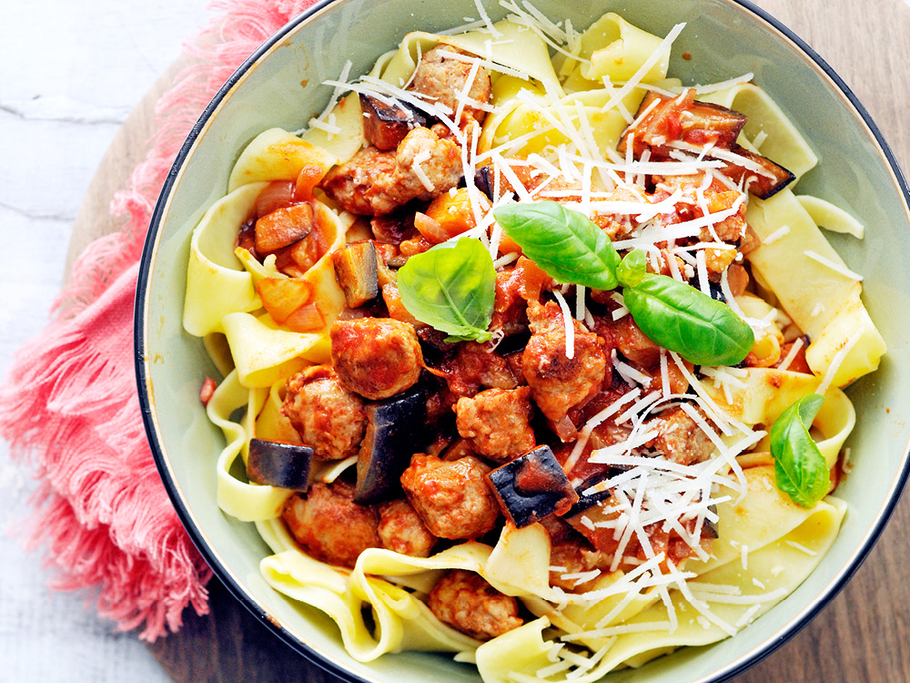 Pasta with Eggplant-Sausage Ragu | Savory