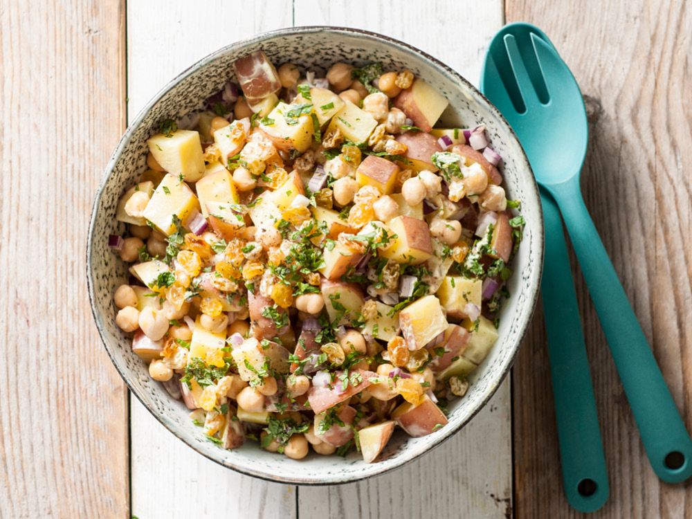 Curried Potato Salad with Golden Raisins and Chickpeas | Savory
