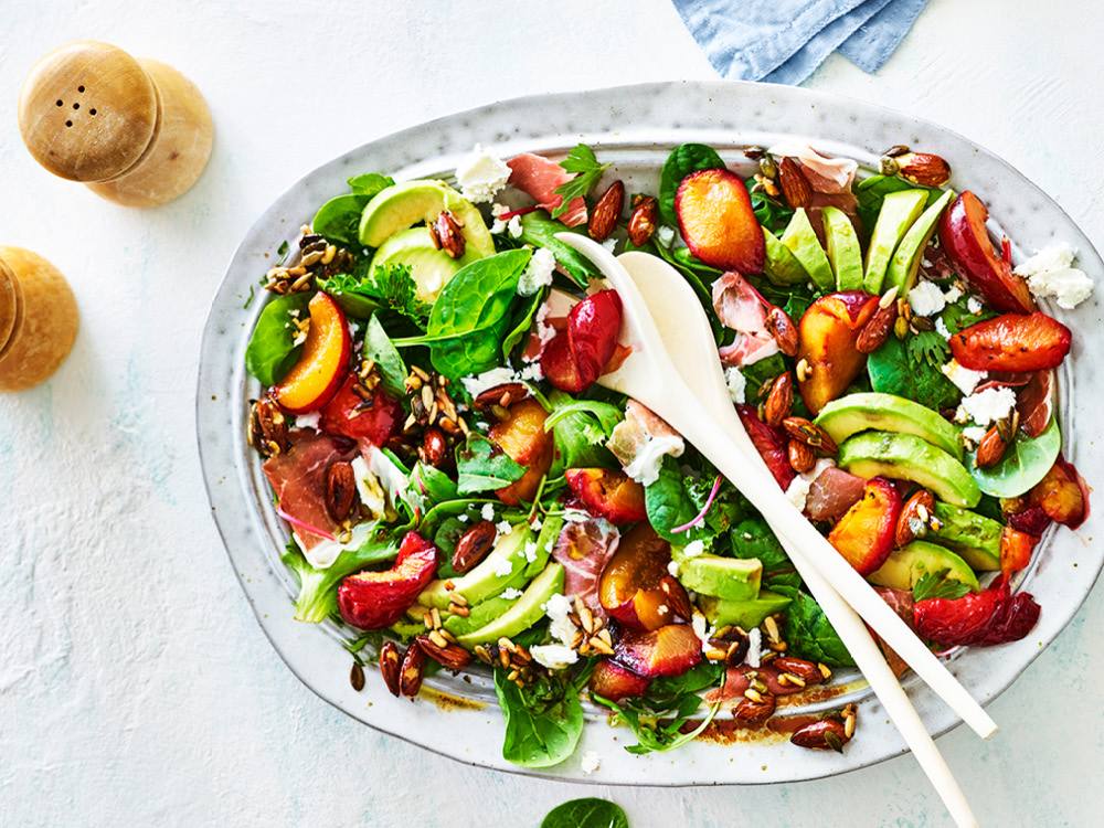 Spinach Salad with Grilled Plums and Avocado | Savory