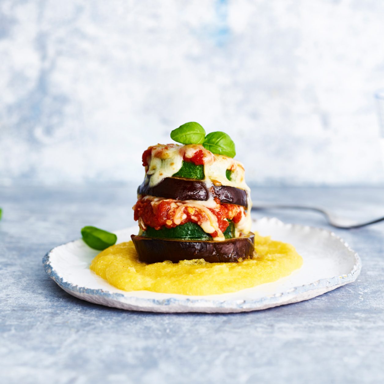 Eggplant Parm Stacks with Zucchini over Soft Polenta Savory