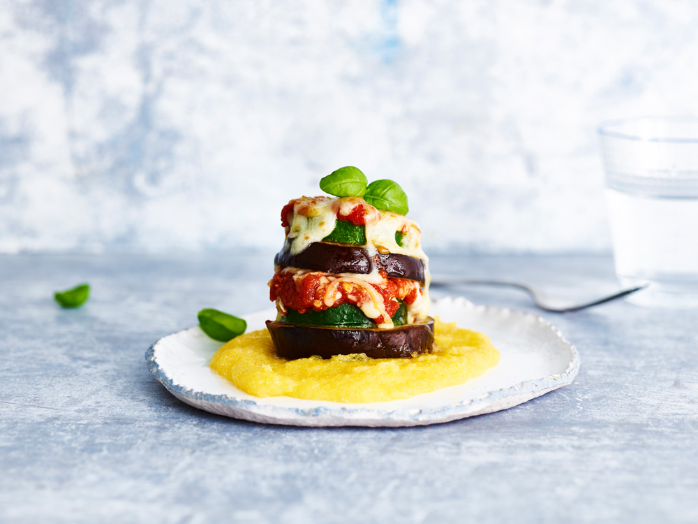 Eggplant Parm Stacks with Zucchini over Soft Polenta | Savory