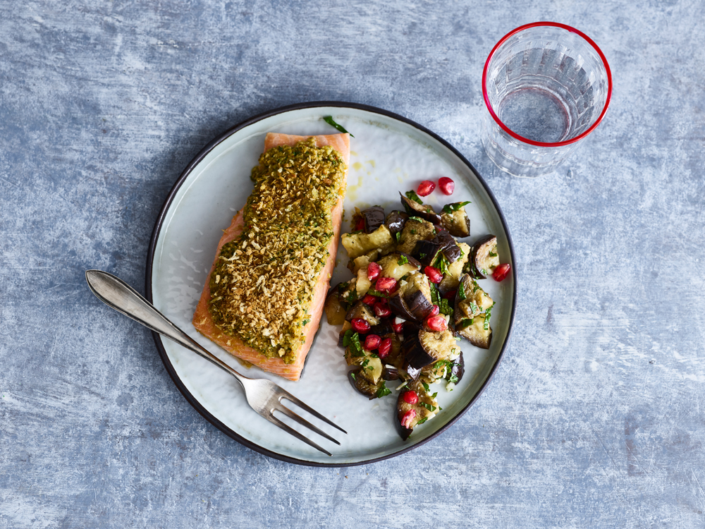 Tapenade and Bread Crumb–Crusted Salmon with Marinated Eggplant | Savory