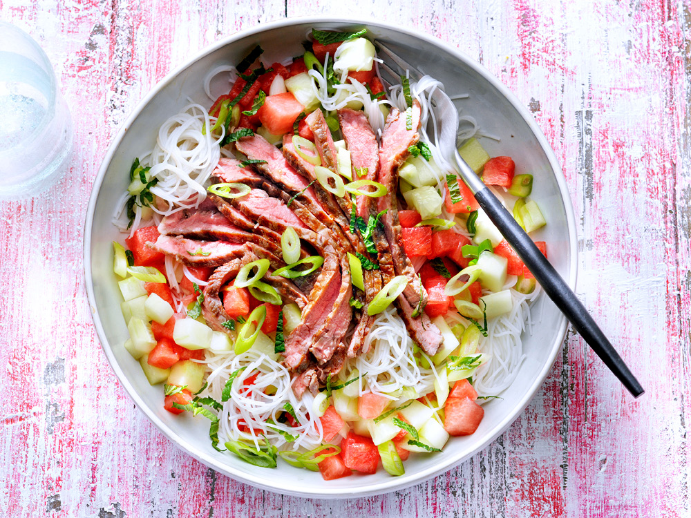 Grilled Steak Salad with Watermelon and Rice Noodles | Savory