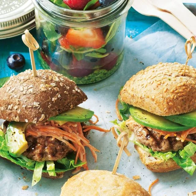 Sliders with Carrot Slaw and Avocado