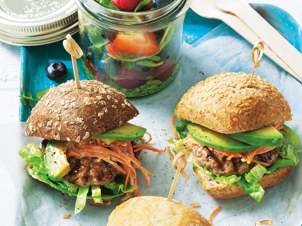 Sliders with Carrot Slaw and Avocado | Savory