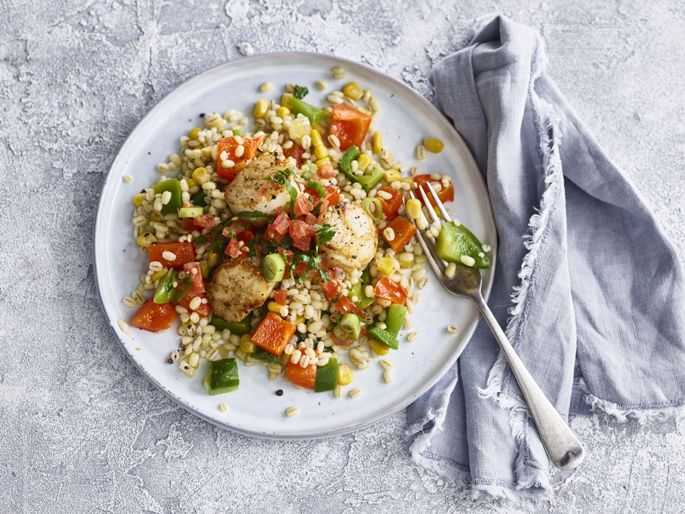 Seared Scallops over Barley with Peppers and Corn | Savory