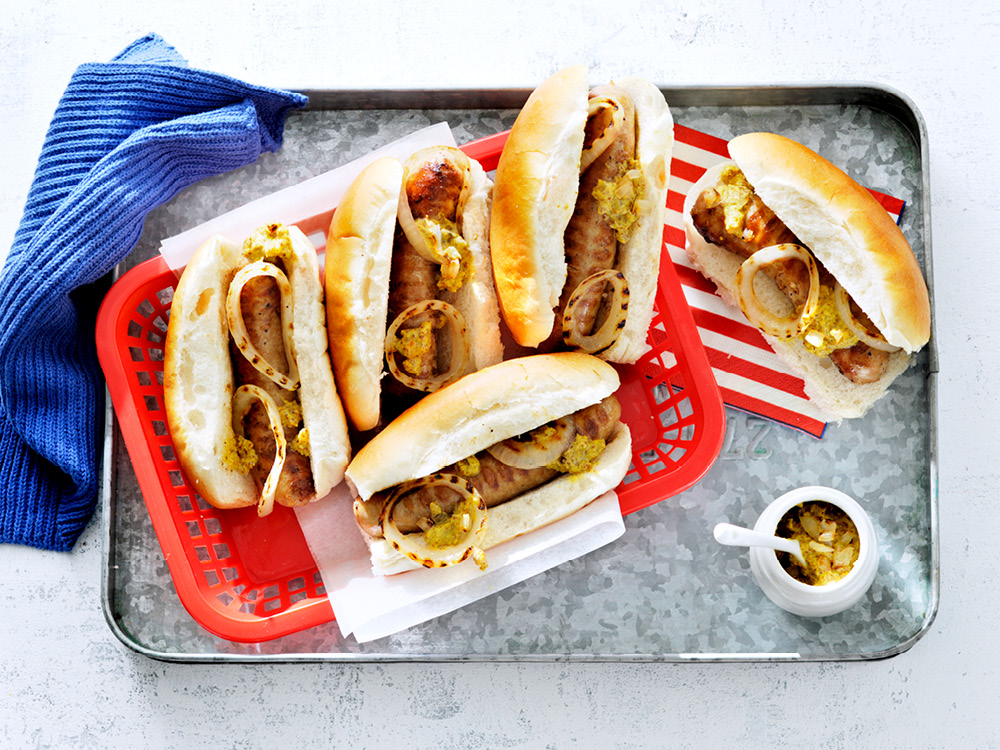 Brats with Sweet Onion Mustard | Savory