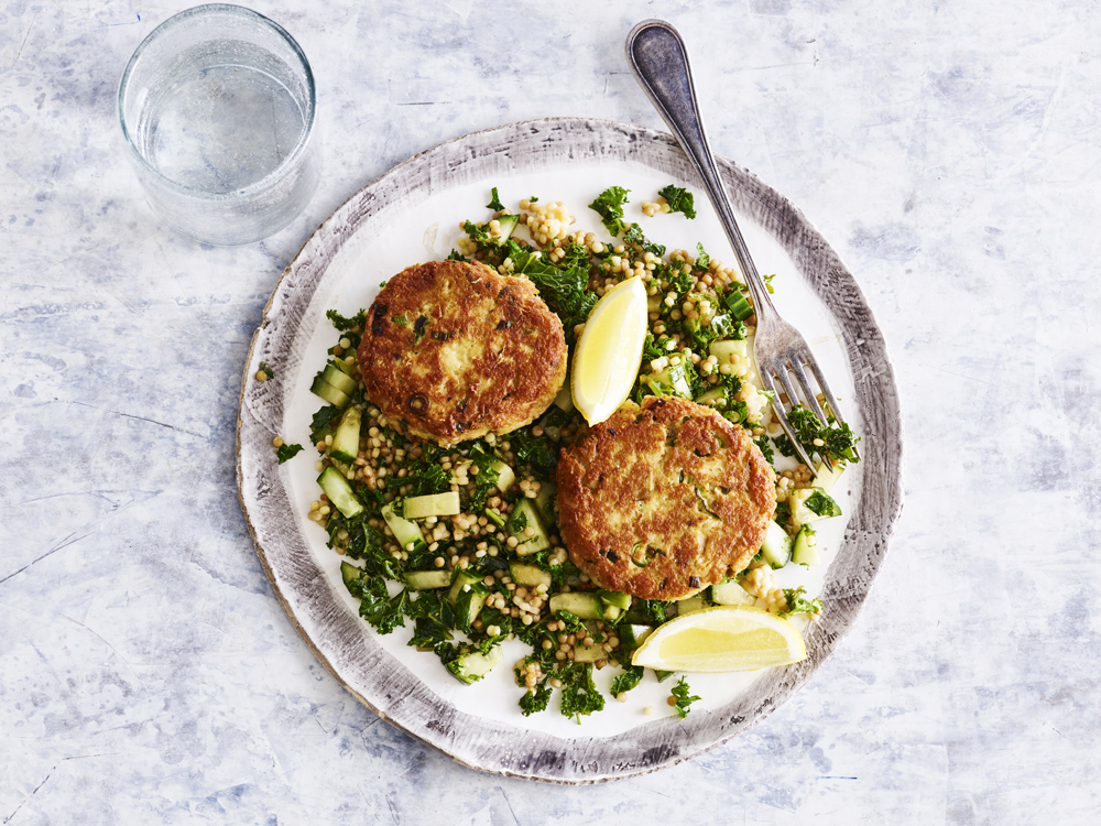 Lemony Salmon Cakes with Kale, Couscous, and Cucumber Savory