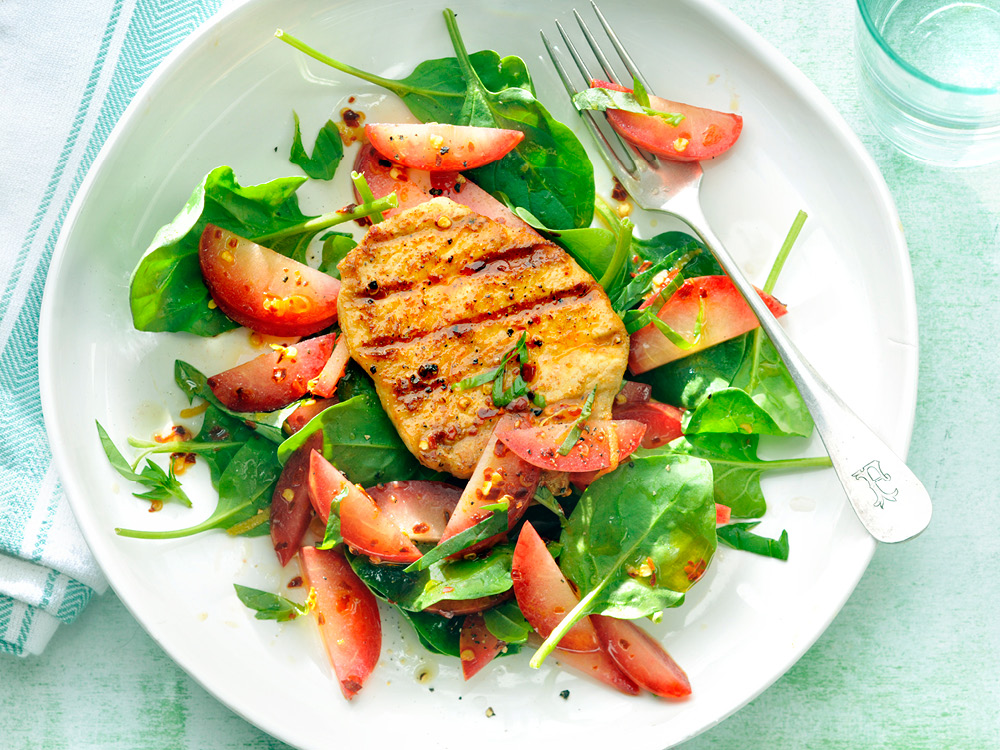Grilled Pork Chops with Fresh Plums and Basil | Savory