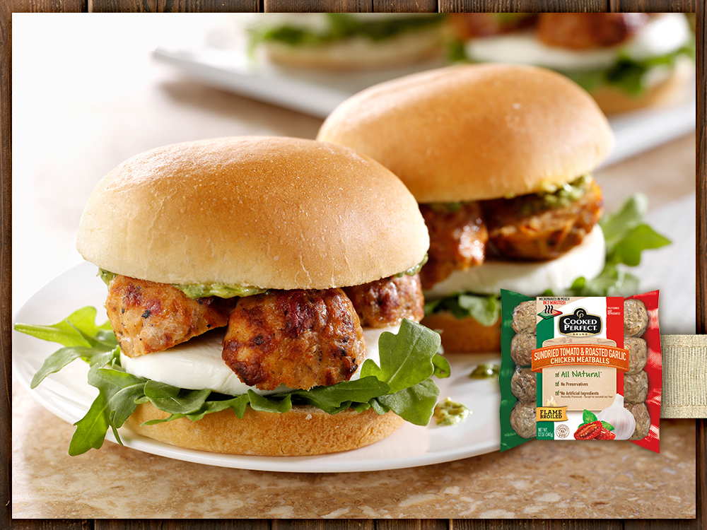 Cooked Perfect® Chicken Meatball Sliders with Pesto | Savory